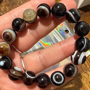 Handcrafted Black onyx  and White Beaded Bracelet- stretchy